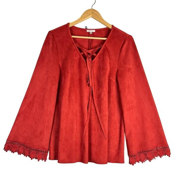 NEW Jodifl Burnt Orange Faux Suede Flare Crochet Trim Sleeve Oversized Blouse S - Picture 1 of 12